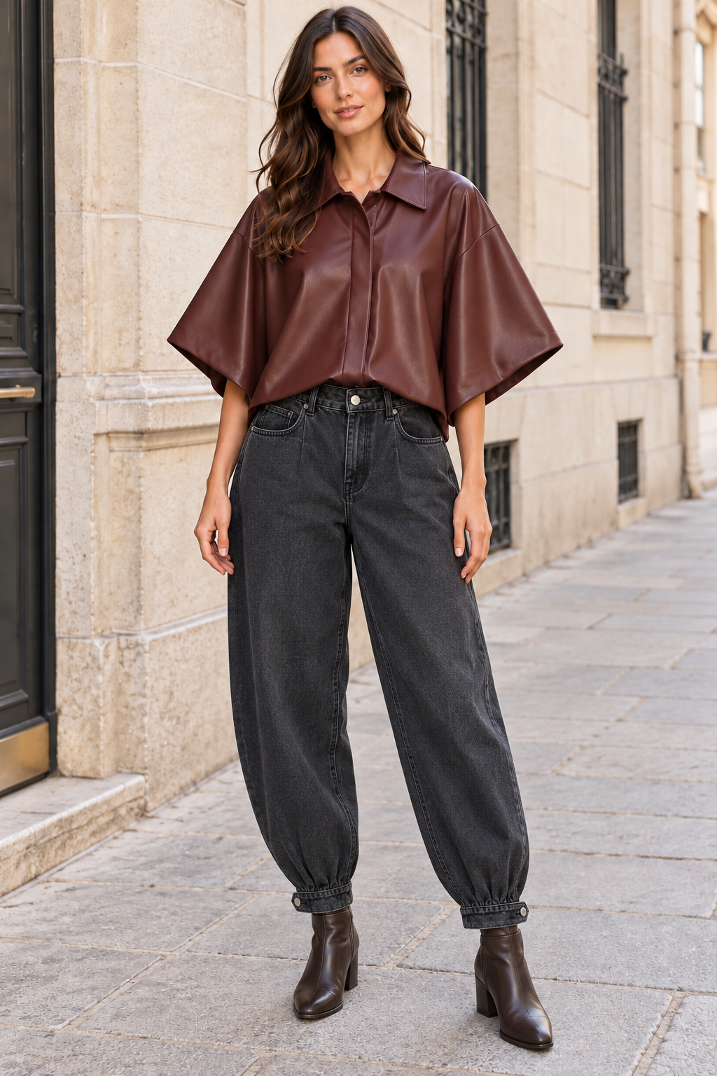 Look con chaqueta burdeos de efecto piel y vaquero oscuro de bajo recogido