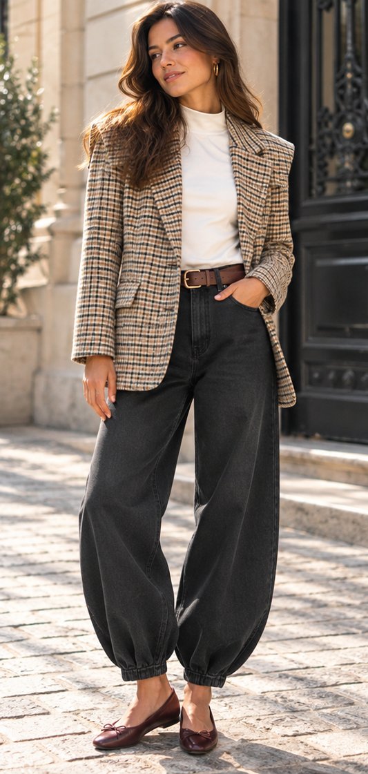 Chaqueta de cuadros beige mujer en look callejero de cuerpo entero
