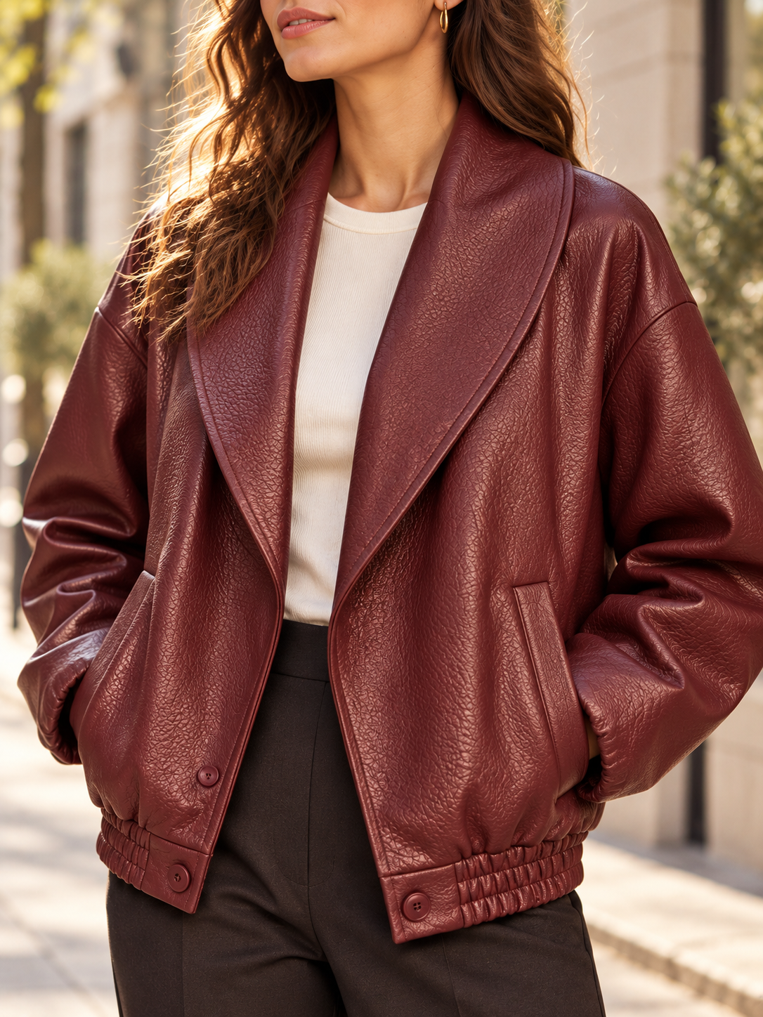 Chaqueta de imitación piel granate: detalle de textura y solapas