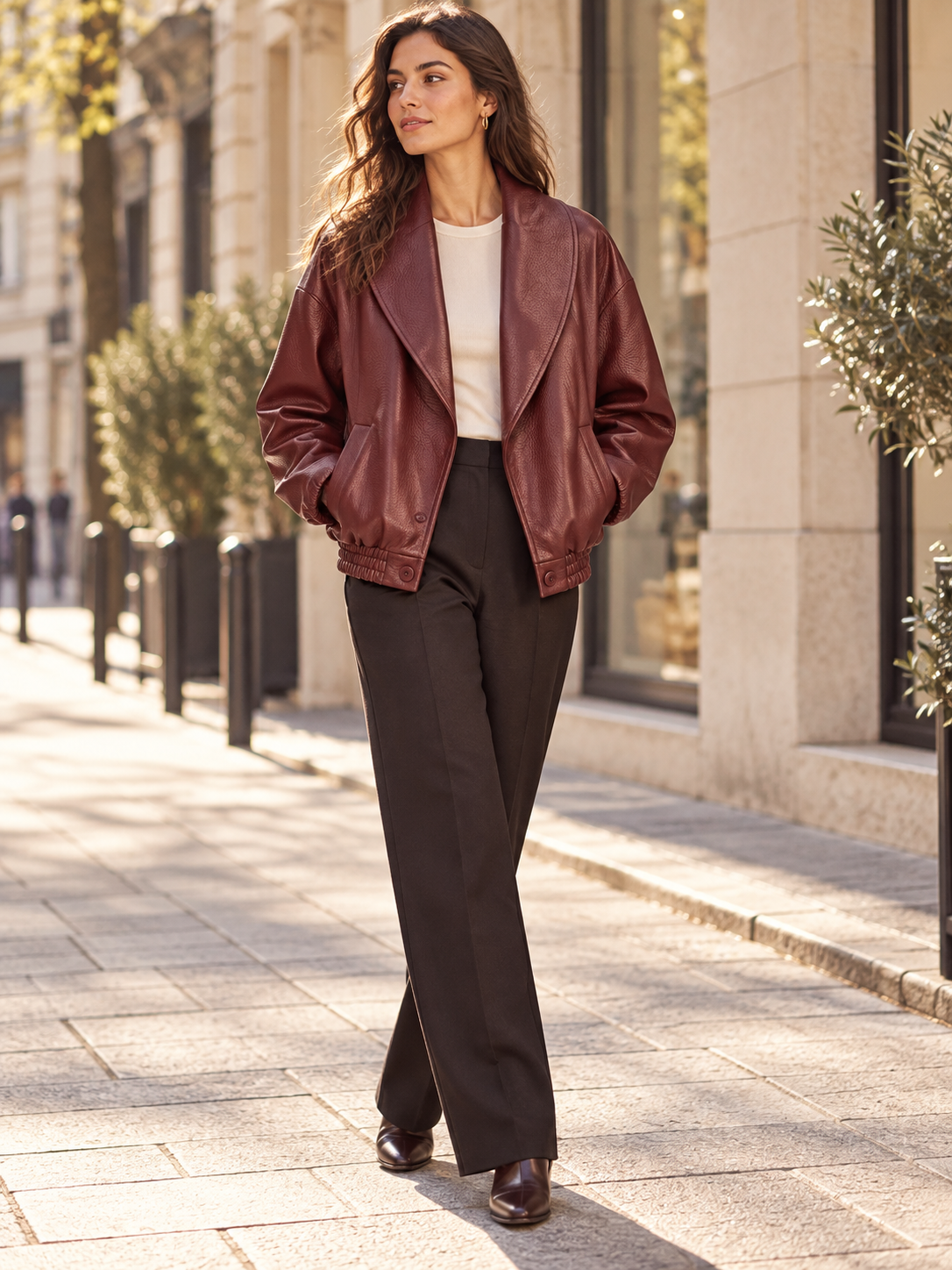 Chaqueta de imitación piel granate: look de cuerpo entero