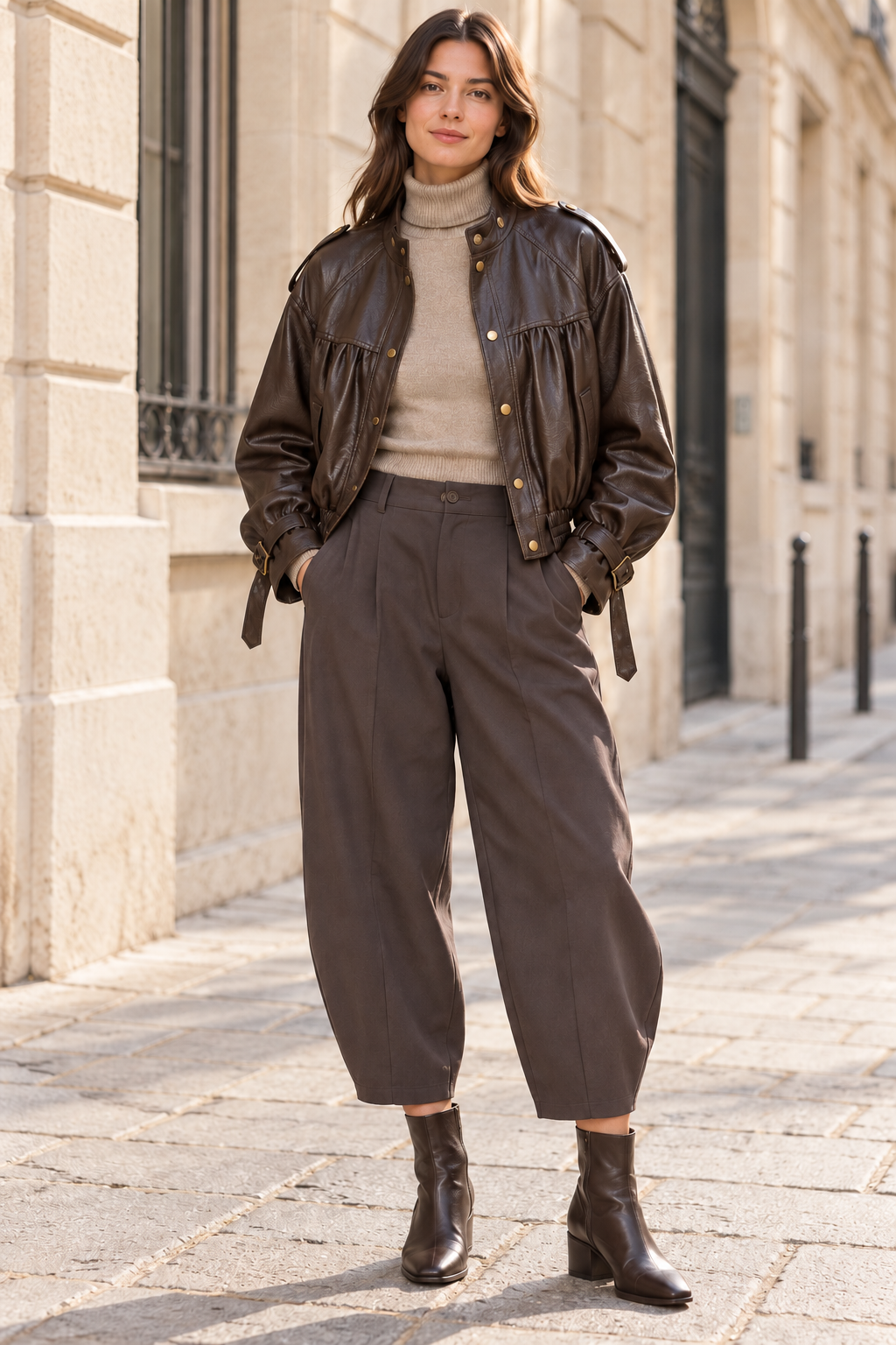 Conjunto de chaqueta marrón de efecto piel, jersey beis y pantalón globo