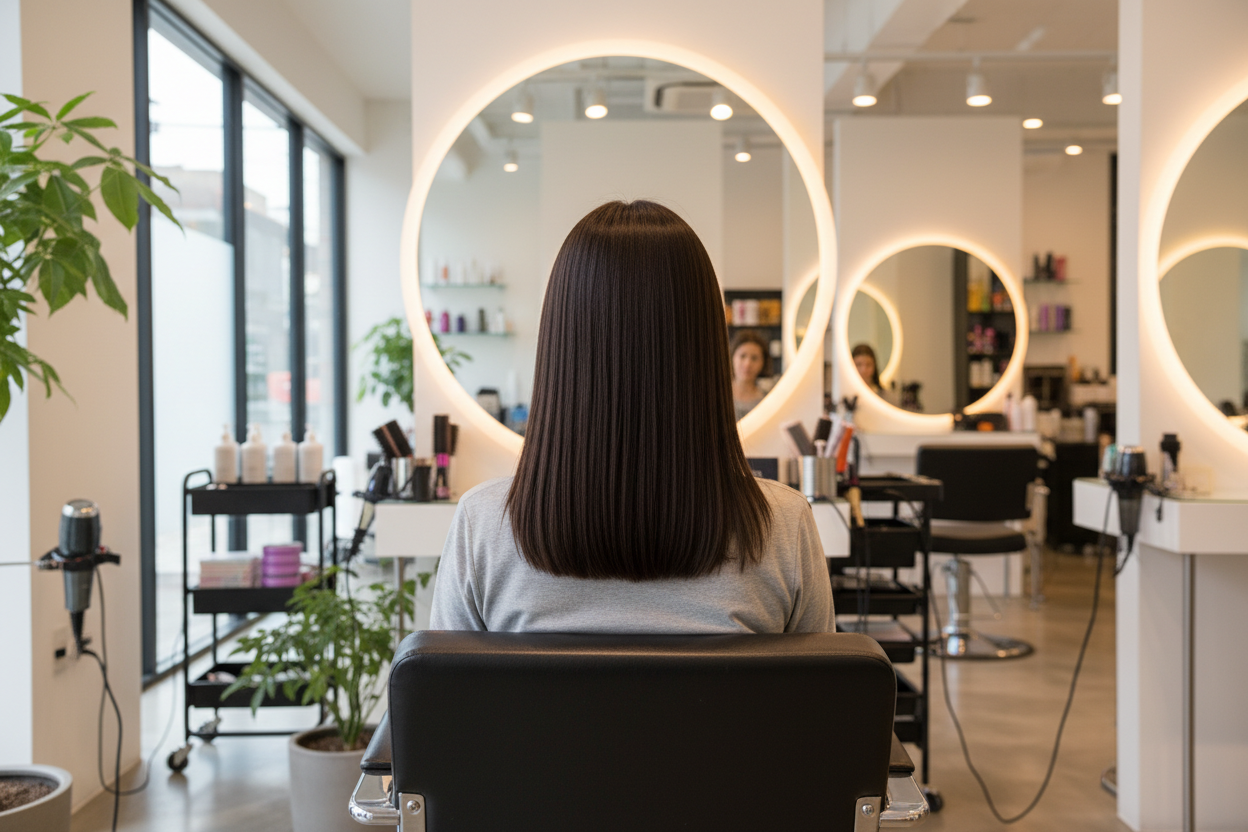 chica de espaldas con cabello liso a la altura de los hombros, sentada frente al espejo de una peluquería 