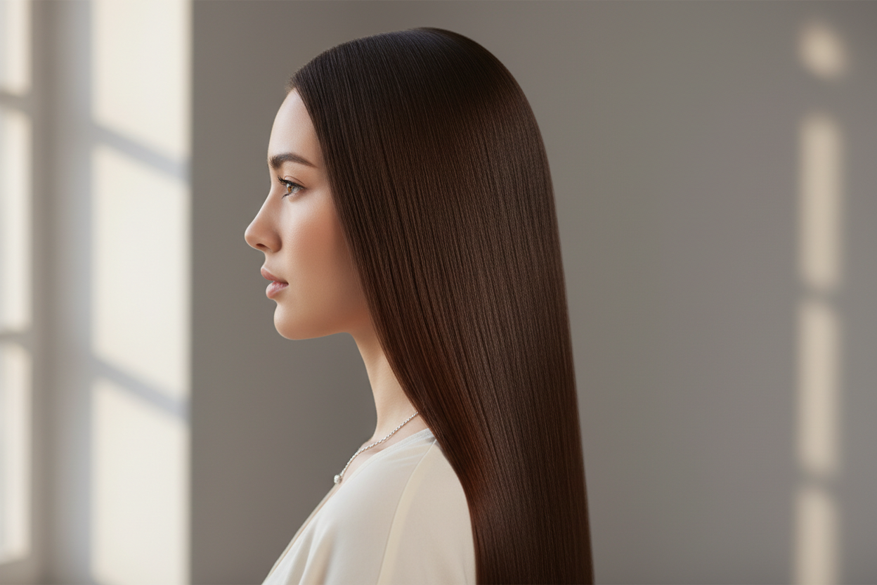 chica de perfil con melena larga hasta la cintura totalmente lisa y cuidada