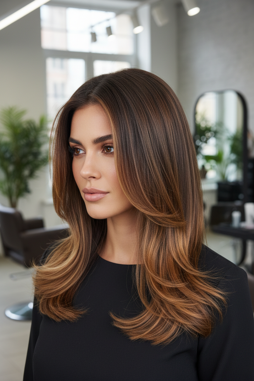 chica morena con mechas balayage