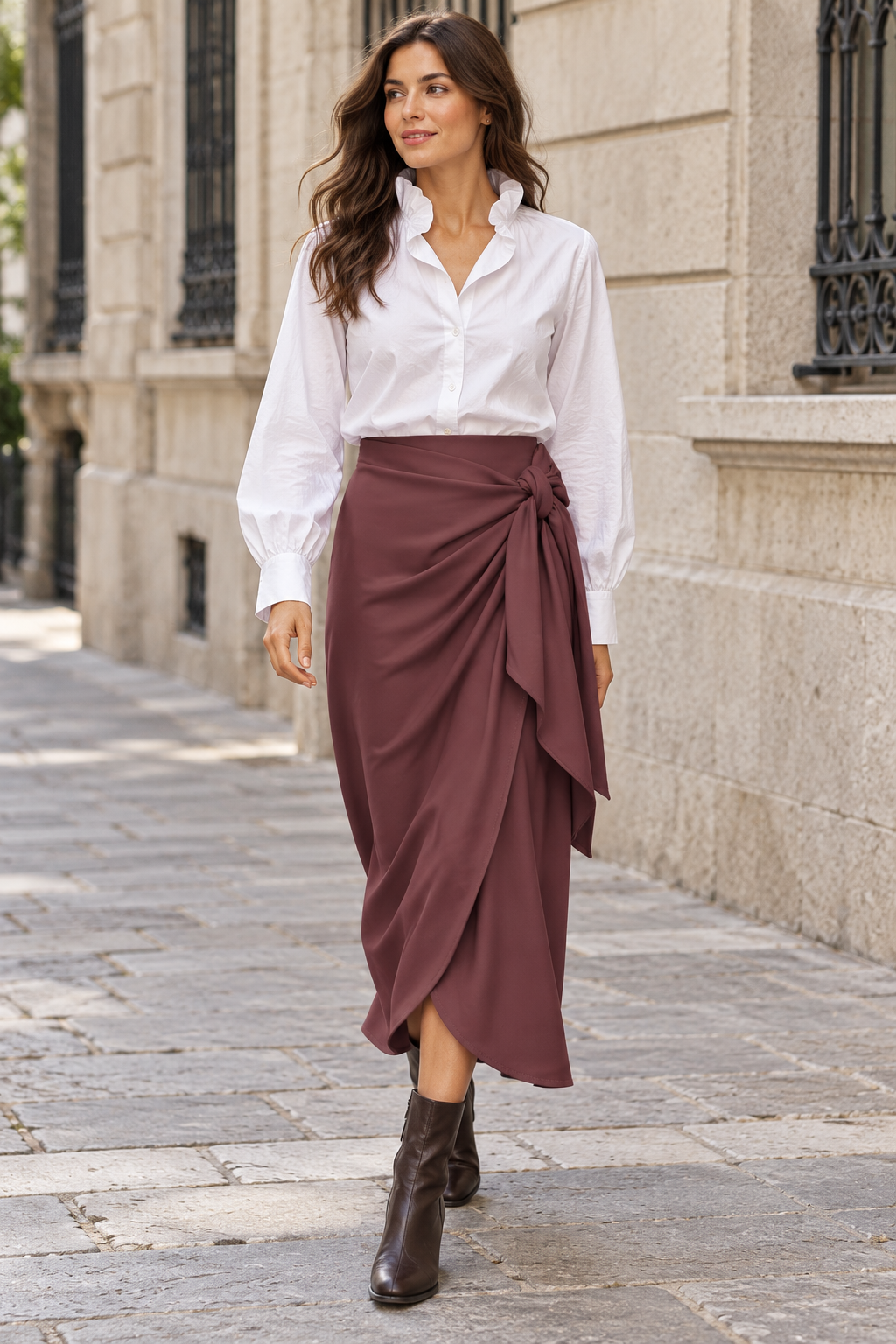 Falda midi drapeada burdeos con lazada lateral — look con camisa blanca