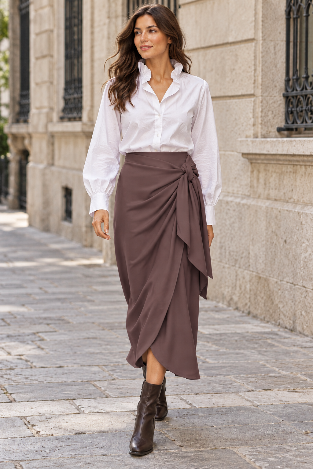 Falda midi drapeada marron chocolate con lazada lateral — look con camisa blanca
