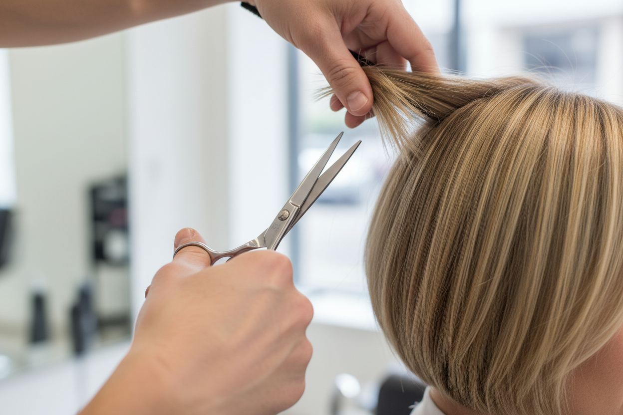 MANOS CORTANDO PELO CORTO MUJER RUBIA MECHAS