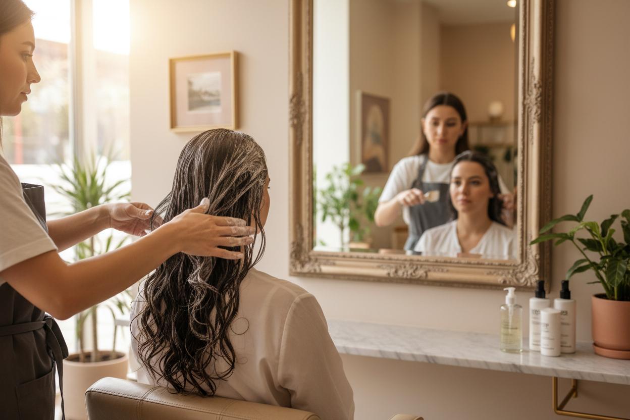 mujer con tratamiento capilar de espaldas frente a un espejo, peluquera toca suavemente el cabello
