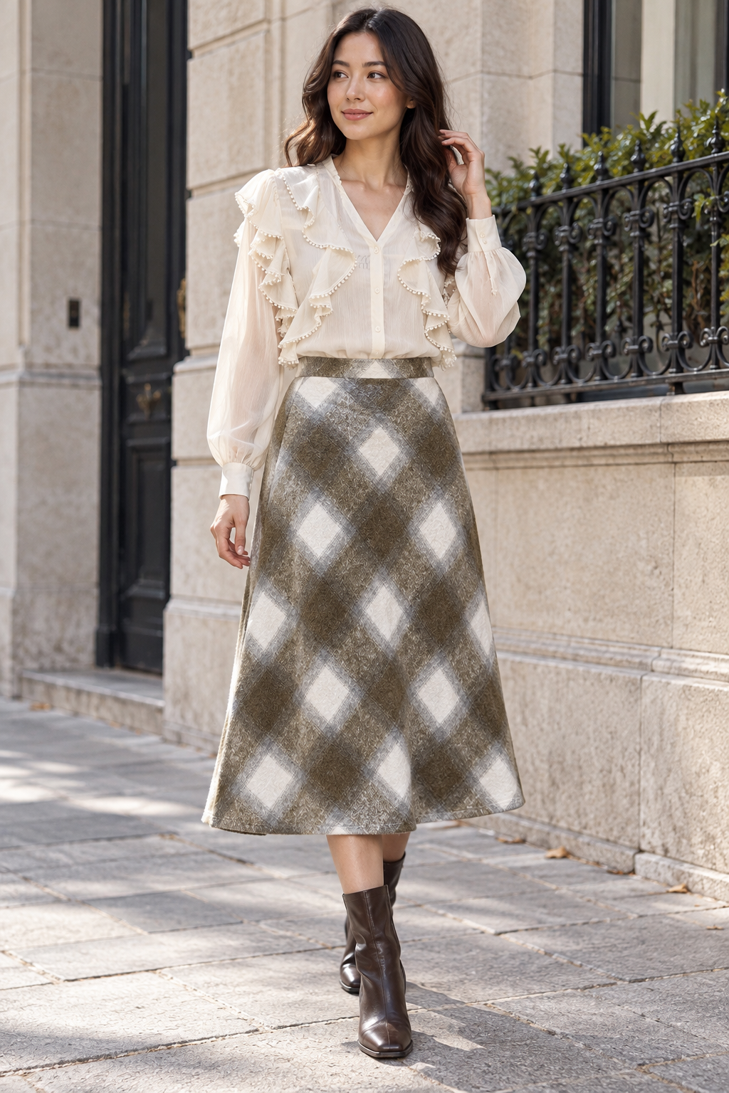 Blusa marfil de volantes por dentro de falda verde de cuadros