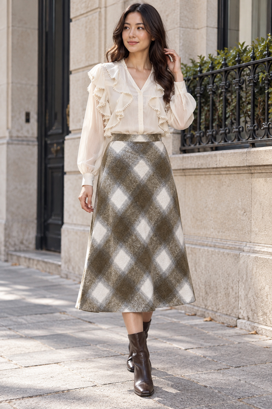 Blusa marfil de volantes por dentro de falda verde de cuadros