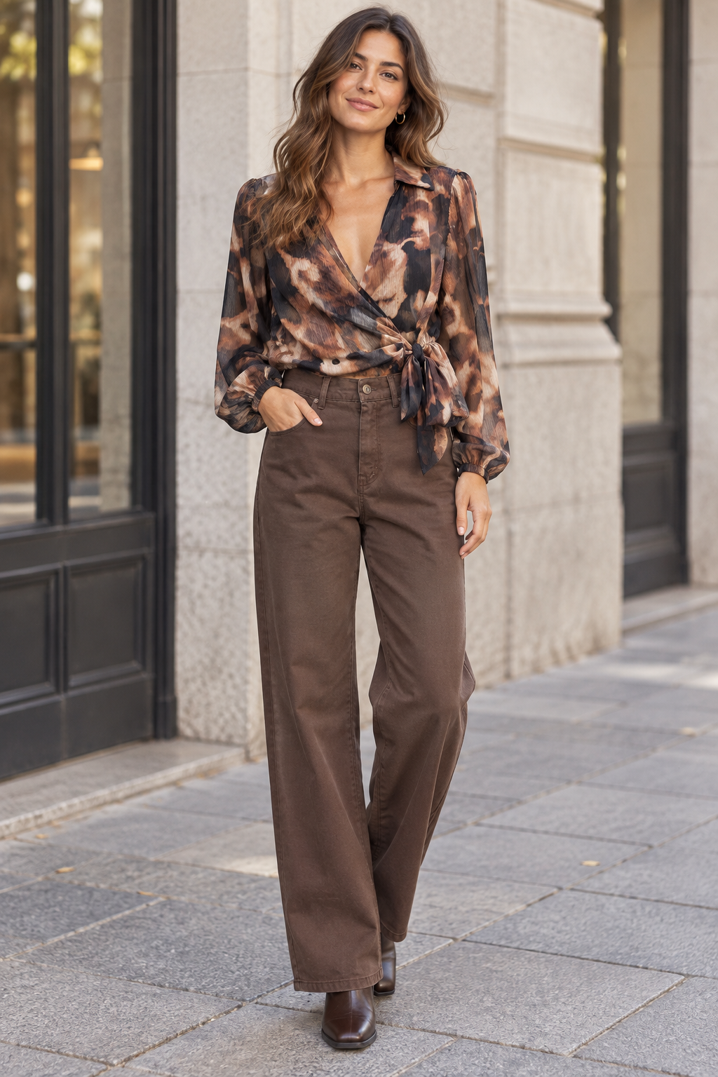 Blusa estampada cruzada con pantalón marrón