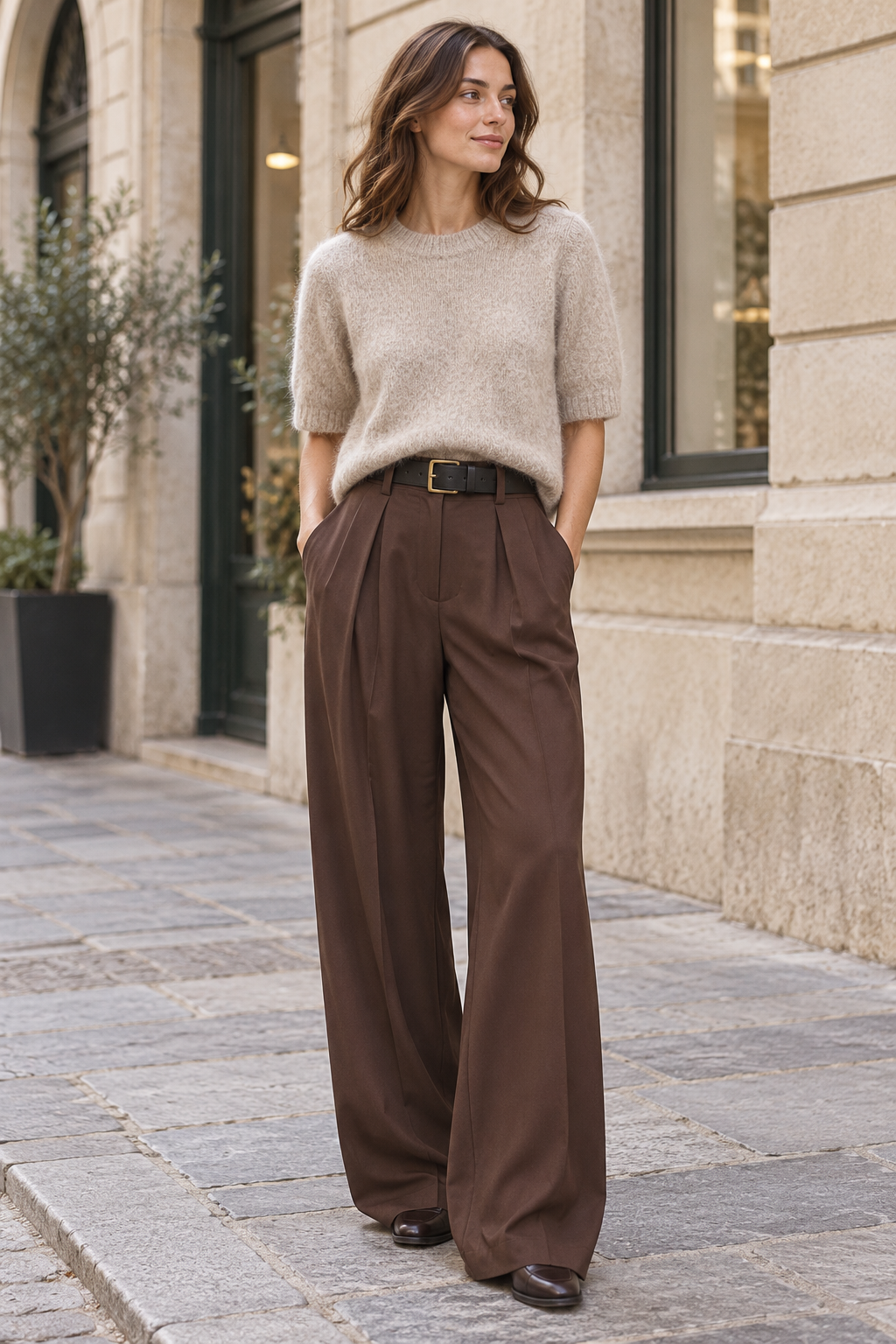 Pantalón de pinzas chocolate con cinturón negro, look con jersey beige