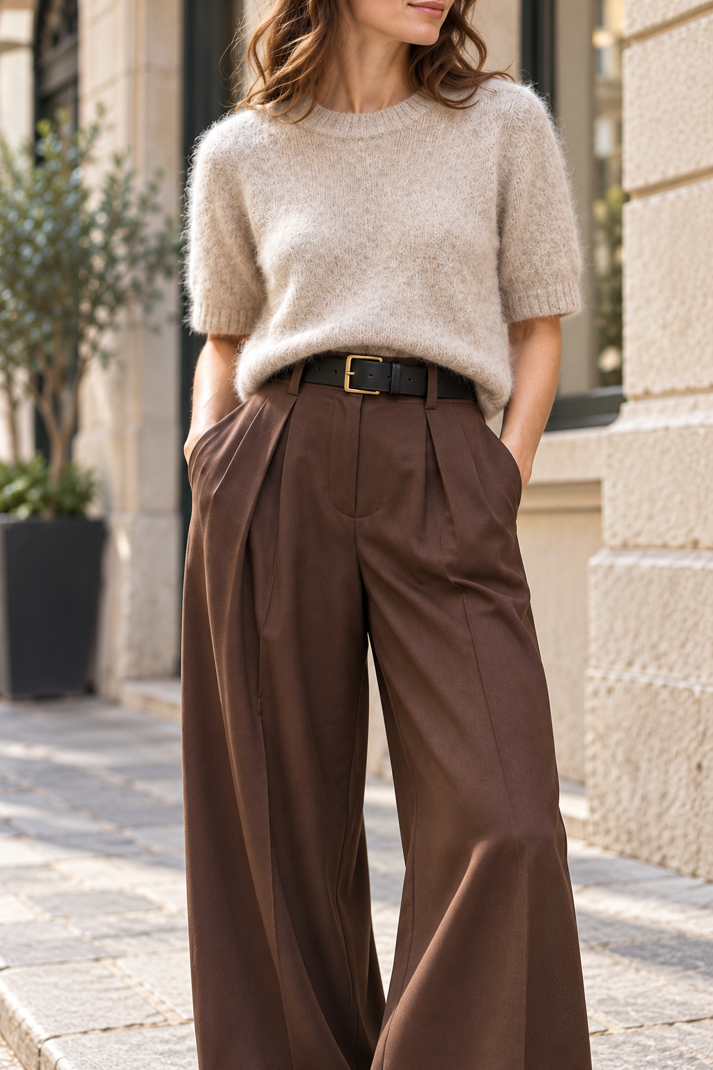 Pantalón de pinzas chocolate con cinturón negro, detalle de cintura y pinzas