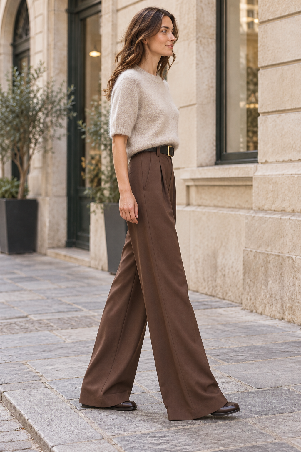 Pantalón de pinzas chocolate con cinturón negro, vista lateral