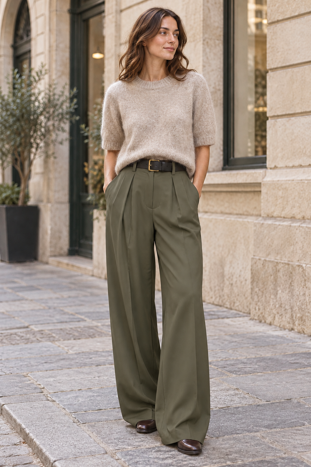 Pantalón de pinzas kaki con cinturón negro, look con jersey beige