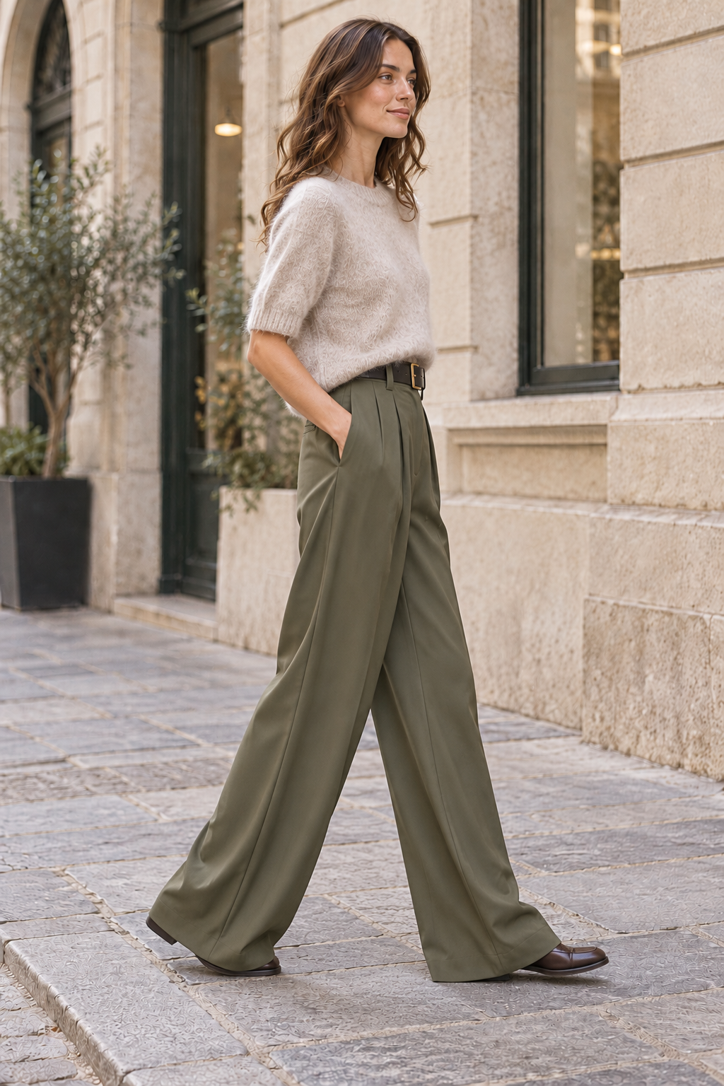 Pantalón de pinzas kaki con cinturón negro, vista lateral