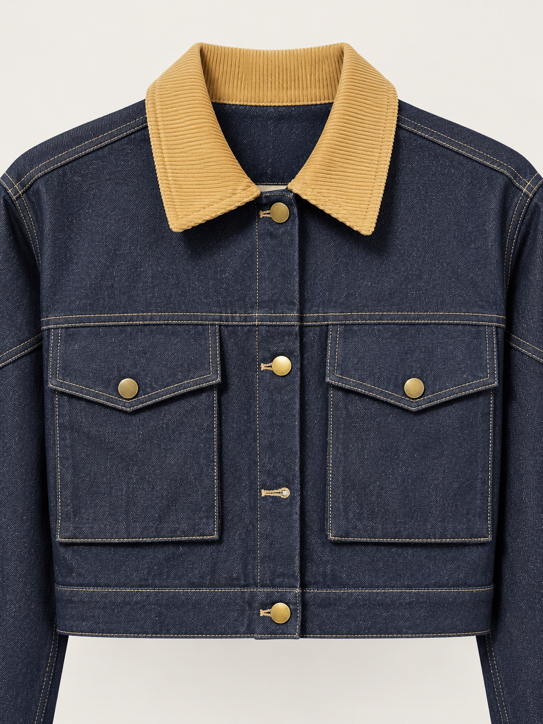 Cuello camel, botones y bolsillos de la chaqueta vaquera corta