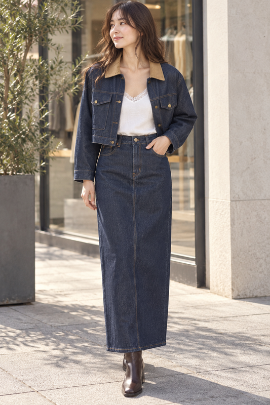 Conjunto de falda vaquera larga, top lencero blanco y chaqueta vaquera corta