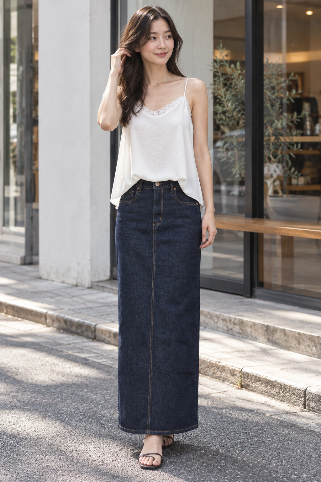 Top lencero blanco con encaje y falda vaquera larga